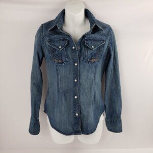Eddie Bauer XSP Blue Denim Shirt Jacket Snaps Pockets Embroidery Womens Petite